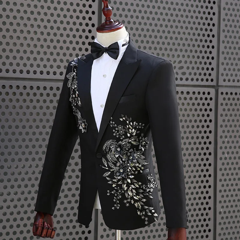 Pyjtrl ذكر الأسود المزدوج الجانب 3d الكريستال التطريز الزهور الدعاوى زي مرحلة المغني ملهى بار الزفاف سترة مع السراويل