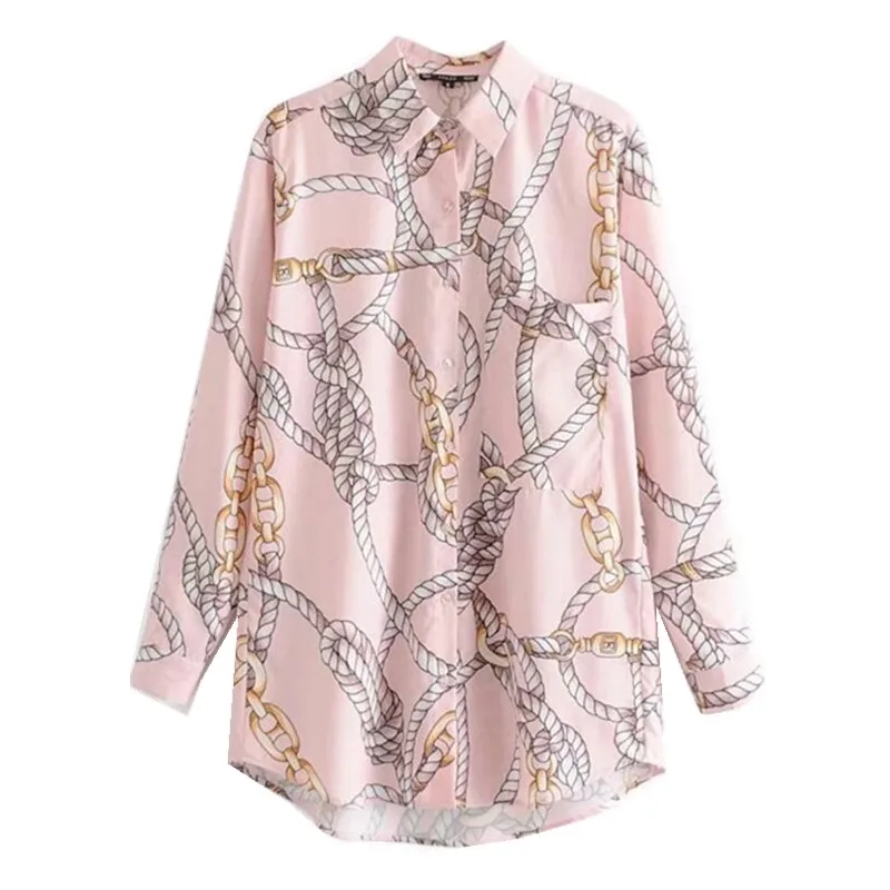 2019 N Rope Chain Print Shirt Pink Woman Single-Breasted Button Long sleeve Pocket OL Blouse Turn-Down Collar Tops