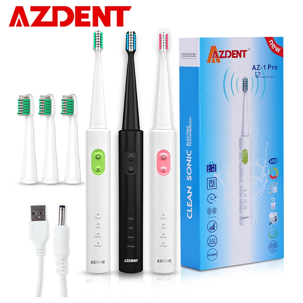 AZDENT новая AZ-1 Pro Sonic электрическая зубная щетка перезаряжаемая USB зарядка 4 шт. сменные головки таймер зубная щетка водонепроницаемая