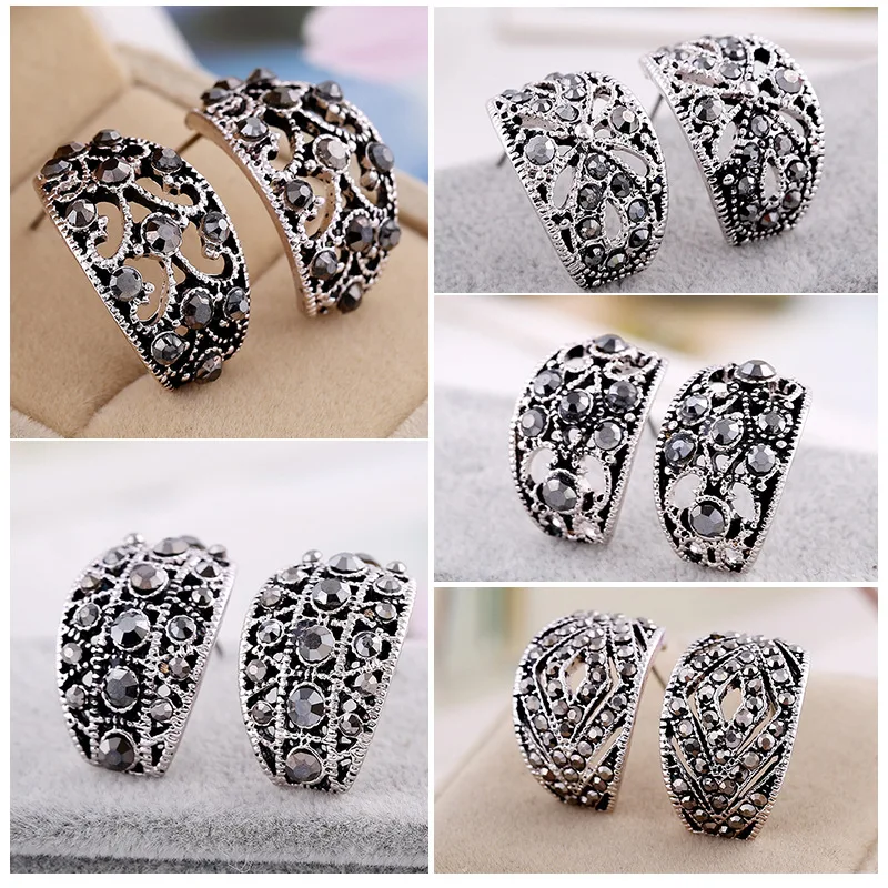 

Fashion Jewelry Vintage Women Hollow Gun Black Crystal Rhinestone Stud Earrings Semicircle Earrings Party Fancy Dress