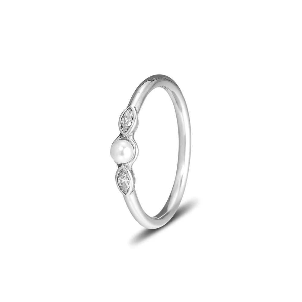 

Authentic 925 Sterling Silver Rings with White Pearl & Clear CZ Petite Luminous Leaves Ring for Women Girl Wedding Jewelry