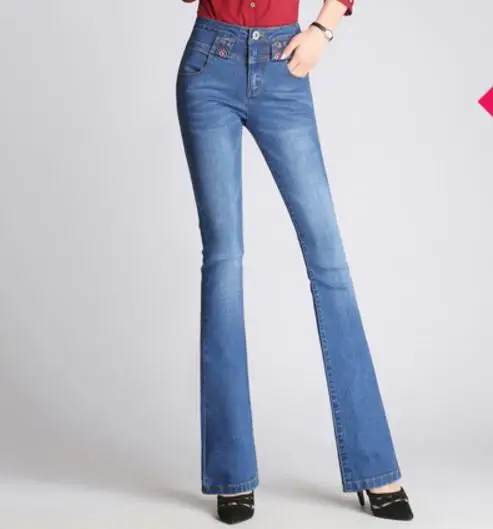 Весной стиль в Корейском стиле C высокой талией, Эластичные зауженные искусственно состаренные джинсы flare брюки длинные штаны