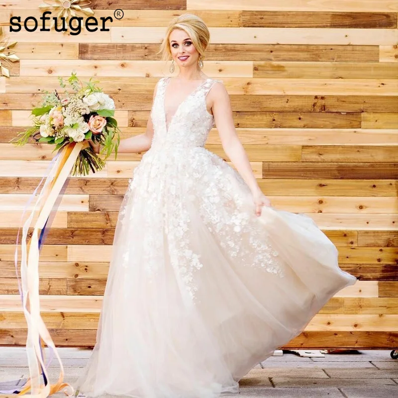 

Ivory White Tulle V Neck Flower Appliques A Line Dresses Backless Wedding Dresses Bridal Gown Vestidos de Noivas Custom