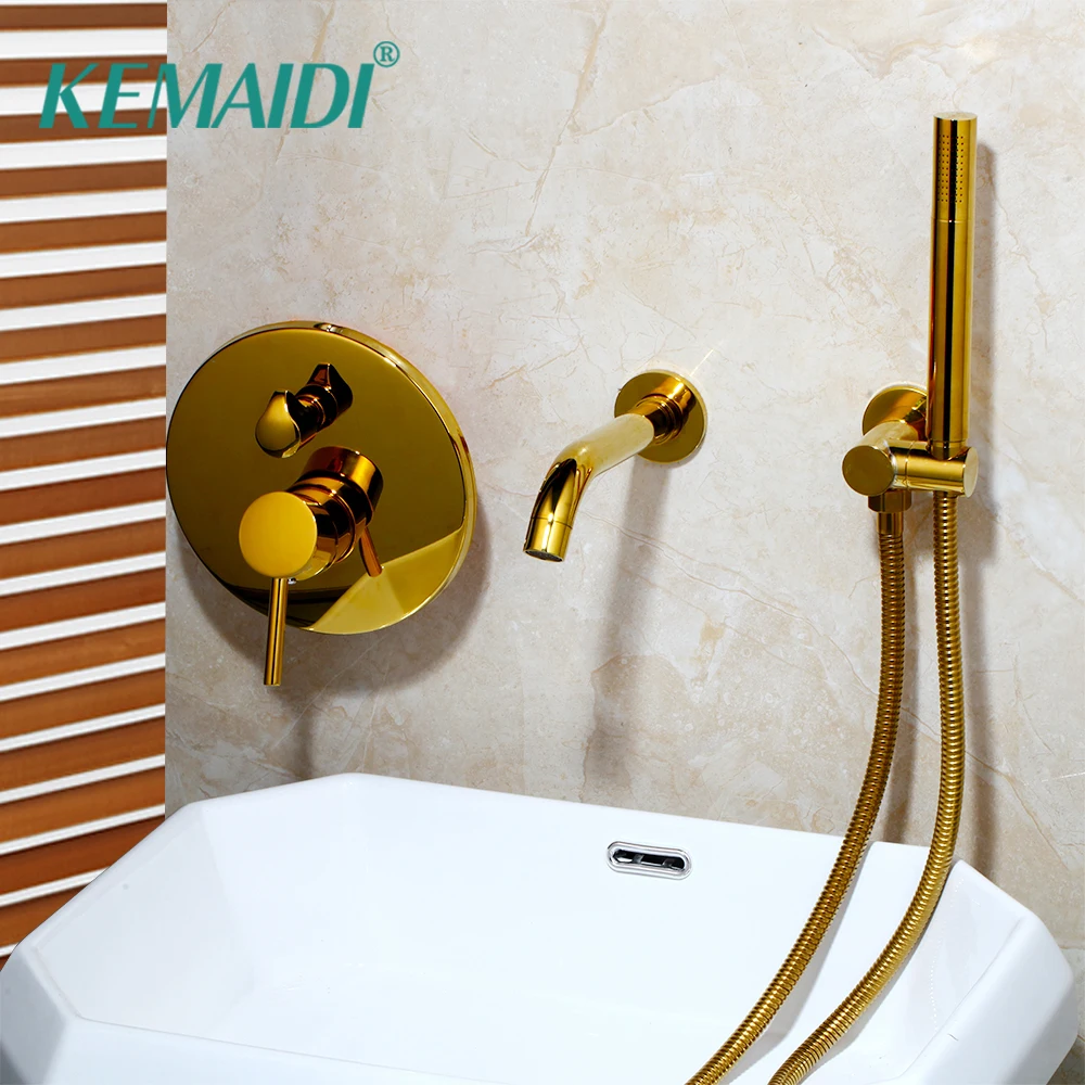 KEMAIDI Golden Plated Wall Mounted Bathtub 2 Functions Bathroom Faucets Shower Set Faucet Mixer W/ Hand Spray | Строительство и