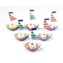 Pack of 20 Nautical Sailboat Birthday Party Cake Topper Ahoy Cupcake Wrapper Baby Shower Boy Birthday Decor 2018 new