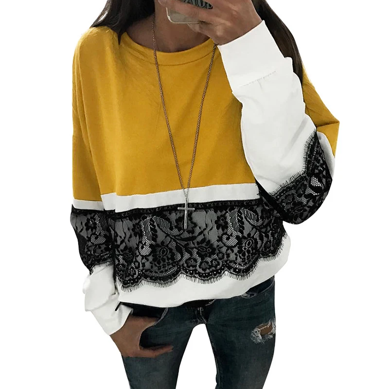 Women hoodies Lace Hoodie Sweatshirt Long Sleeve Round Patchwork Splice Pullover Hoodies WS4779E