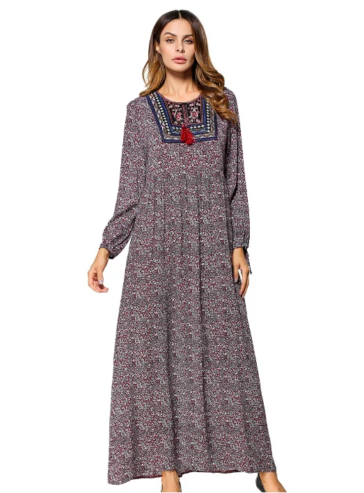 Мусульманское Макси Платье с принтом и вышивкой Abaya длинное платье для женщин ete