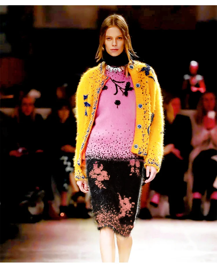Высокое качество свитер для женщин Элитный бренд бисером цветок мохер толстый теплый вязаный Пуловеры
