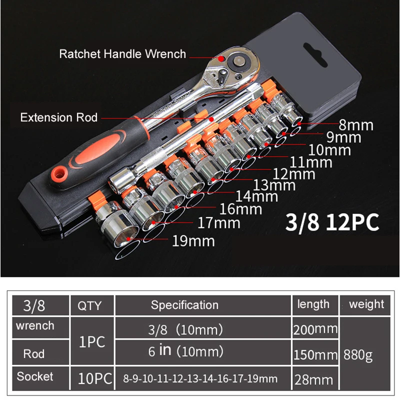 3/8 inch 12pcs Socket Wrench Set CR-V Drive Ratchet Wrench Spanner for Bicycle Motorcycle Car Repairing Tool Set Common Sockets 3/8 inch 12pcs Socket Wrench Set CR-V Drive Ratchet Wrench Spanner for Bicycle Motorcycle Car Repairing Tool Set Common Sockets