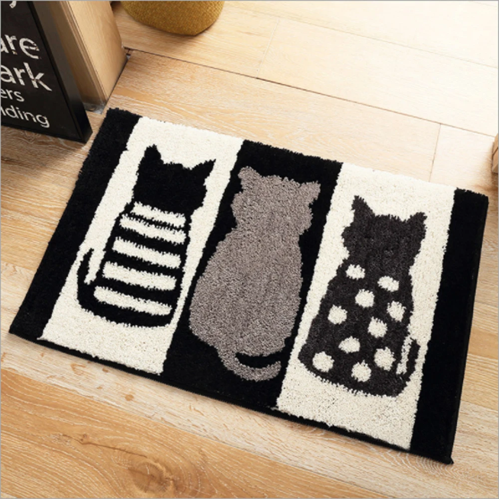 cheap Soft Comfortable Footprint Black White Cat Pattern Bathroom Absorbent Ottomans Non Slip Breathable Home Decorator Floor Rug