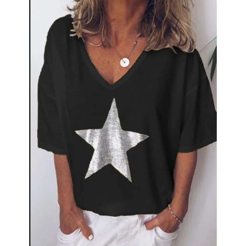 

2019 New Fashion T shirt Women Sequins V-Neck Five-pointed star Tops Tees Female Short Sleeve Street Ladies Plus size code S-5XL
