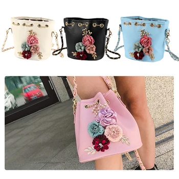 

2019 Handmade Flowers Bucket Bags Mini Shoulder Bags with Chain Drawstring Small Cross Body Bags Pearl Bags Leaves