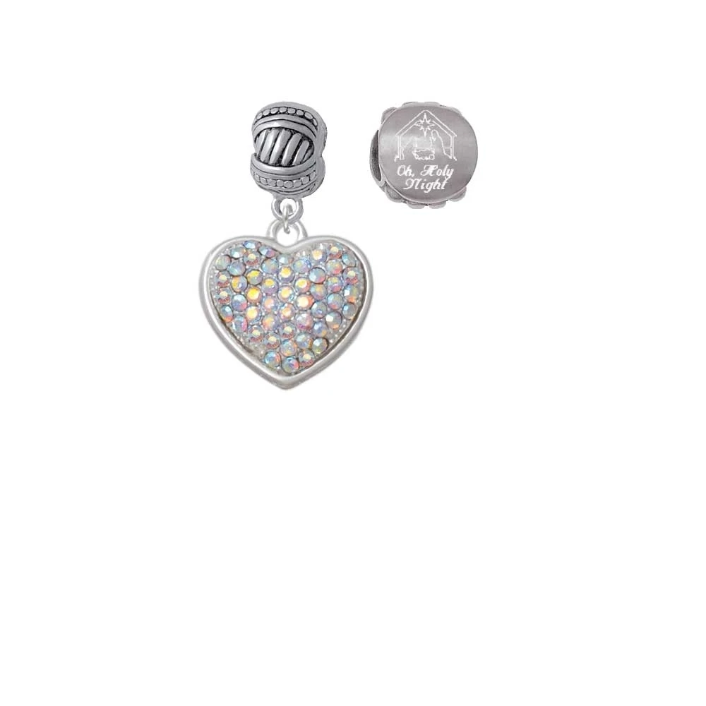 Silvertone Large Rounded Clear AB Oktant Crystal Heart Come Let us Adore Him Charm Beads (Set of 2)