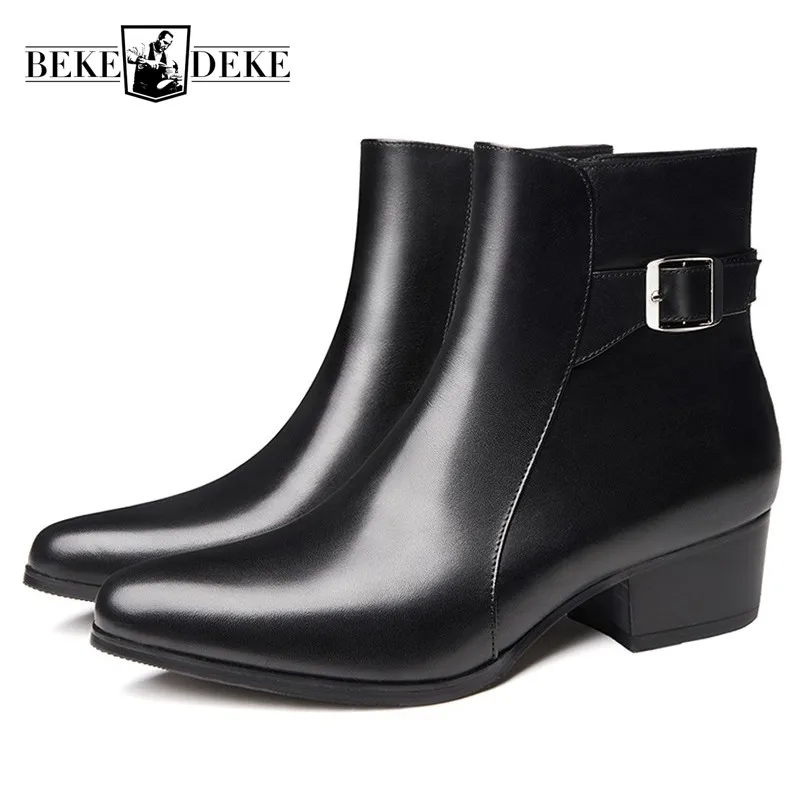 Korean Genuine Leather High Heel Pointed Boots Men Fashion Spring