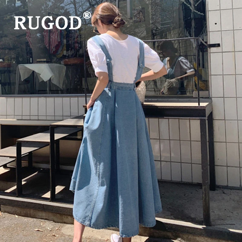 RUGOD/корейское шикарное платье из джинсовой ткани Модное ТРАПЕЦИЕВИДНОЕ