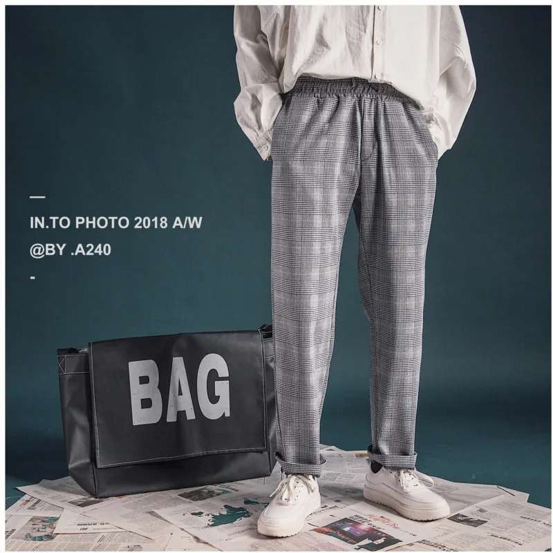 Fashion Casual Men's Straight Pants Spring And Autumn New M-2XL Plaid Loose Trousers Gray Coral Red Personality Youth Popular