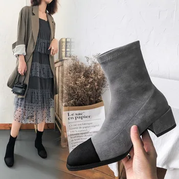 

MLJUESE 2020 women ankle boots Velvet mixed colors slip on round toe autumn spring soft boots female boots party dress