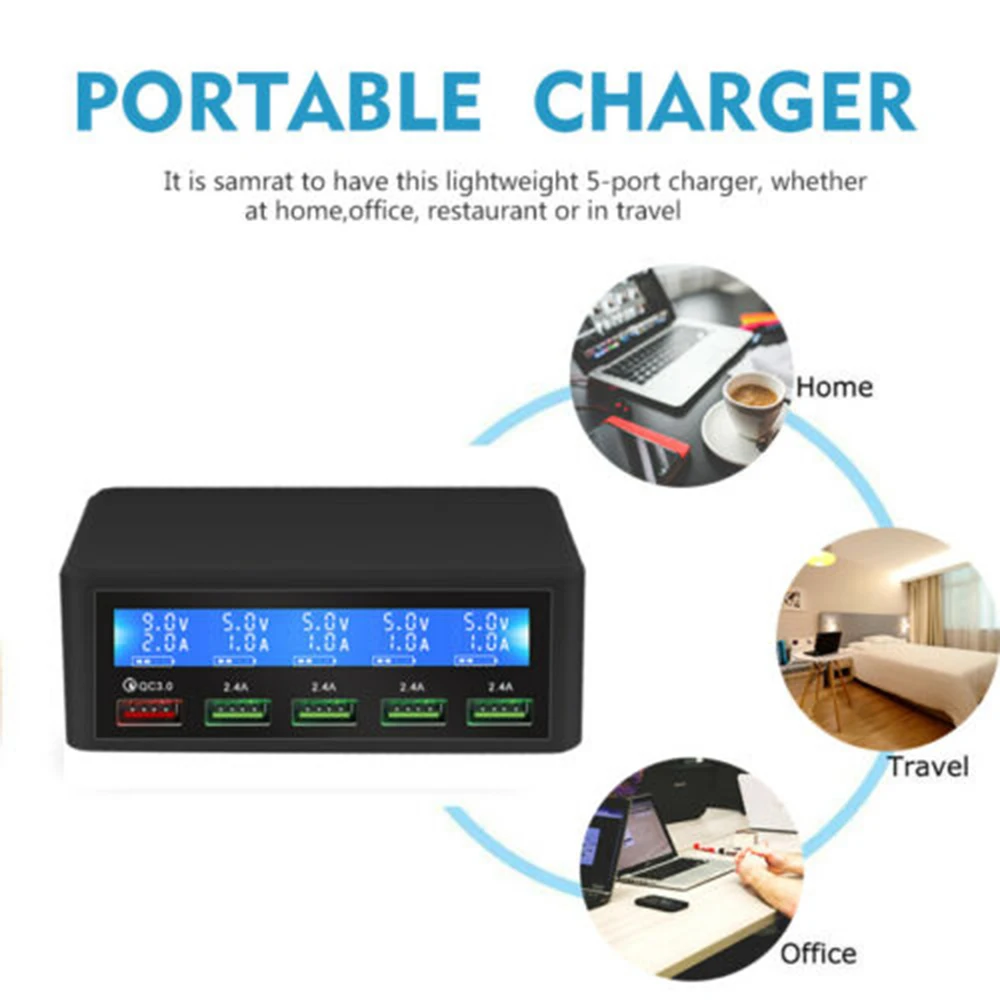 

Quick Charger 5 Ports USB Charger QC 3.0 Smart Power Adapter Station LCD Display