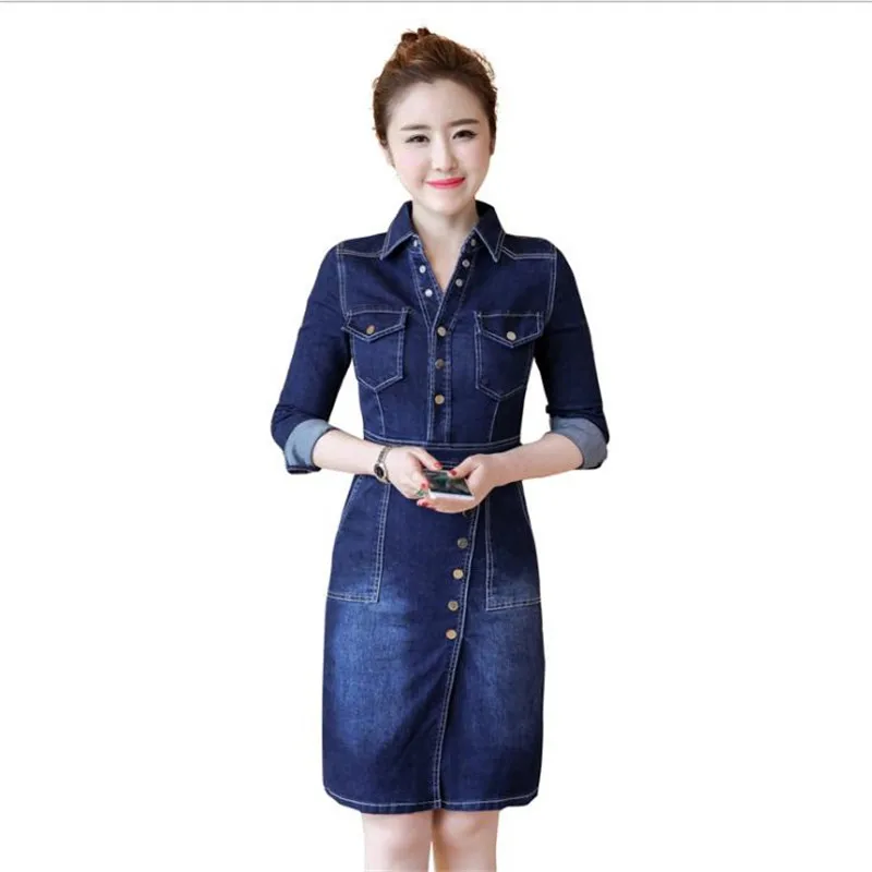 Kopen Nieuwe Aankomst Vrouwen 2018 Nieuwe Mode Hoge Taille Denim Blauw Mini Jurk Vrouwelijke Lente Herfst Turn Down Kraag Slanke Denim DressCQ1190