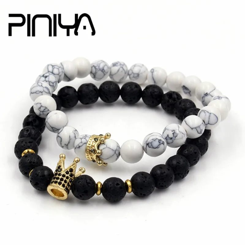 

2Pcs/Set Natural Lava Howlite Stone Beads Stretch Mala Bracelet CZ Crown Charm Bracelet Bangle Sets Pulseras Masculina For Men