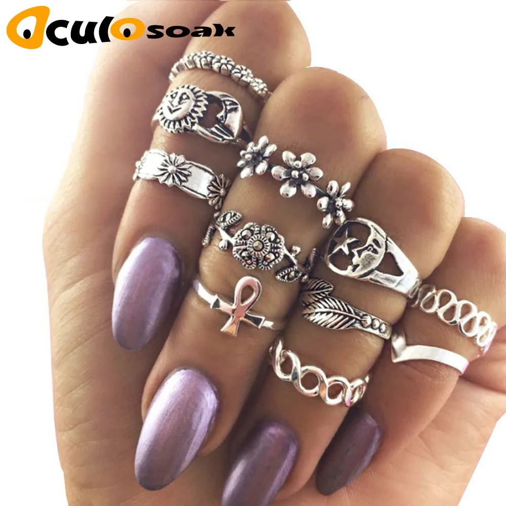 

11 Pcs/Set Bohemia Wedding Ring Vintage Sun Moon Star Crystal Flower Cross Leaf Hollow Laciness Ring For Women R010