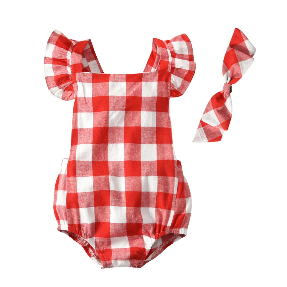 Summer Baby Girl Romper Newborn Baby Girls Ruffled Sleeve Red Plaid