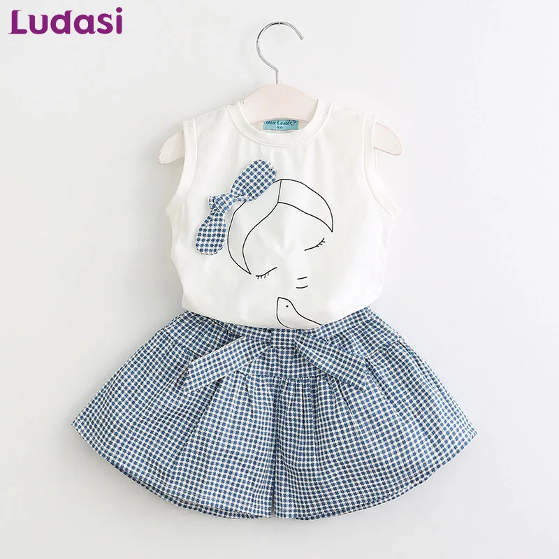 

Kids Fashion Clothes Set For A Girl 2018 Korean Suit Kid Bow Sleeveless White Vest T-shirt+Plaid Skirts Pants 2Pcs Costume Child