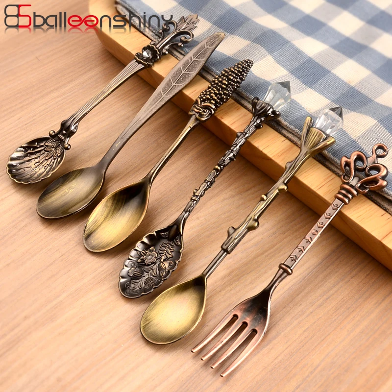 

BalleenShiny Retro Coffee Stir 6pcs/set Spoon Set Vintage Dessert Cake Jelly Scoop Fork Tableware Set Gift Decor Cute Collection