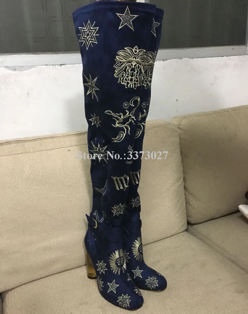 Velvet Ladies Thigh High Boots Metal Plated Chunky Heels Long Boots Fashion Embroidery Moon and Star Over the Knee Woman Boots