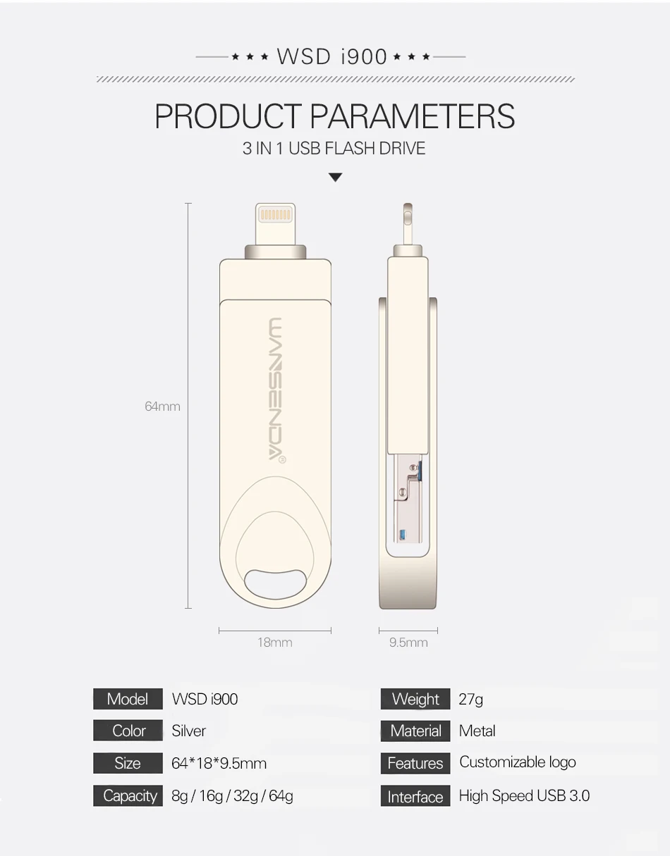 Wansenda OTG USB3.0 флеш-накопитель 8 ГБ 16 ГБ 32 ГБ 64 Гб 128 ГБ USB флэш-накопитель удивительный 3 в 1 высокоскоростной Флешка для iphone/Android/PC