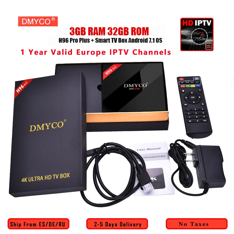 

H96 Pro+ 4K HD TV Box 1 year Europe Arabic French IPTV subscription Amlogic S912 Octa Core Android 7.1 3GB+32GB WIFI Set top box
