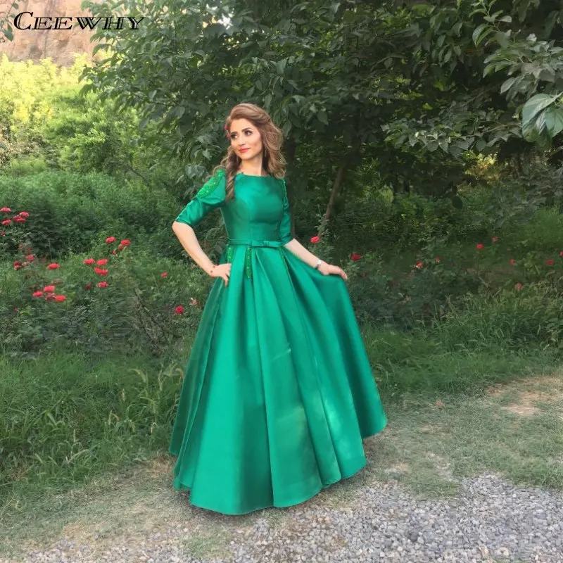 

CEEWHY Green Evening Gown Formal Party Dress Elegant Beading Evening Dress Long Sleeve Prom Dress Women Satin Gown Robe 2019