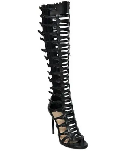 

2018 Summer new woman black holllow high heel knee high cool boots Fashion open toe super high thin heel long boots Rome shoes