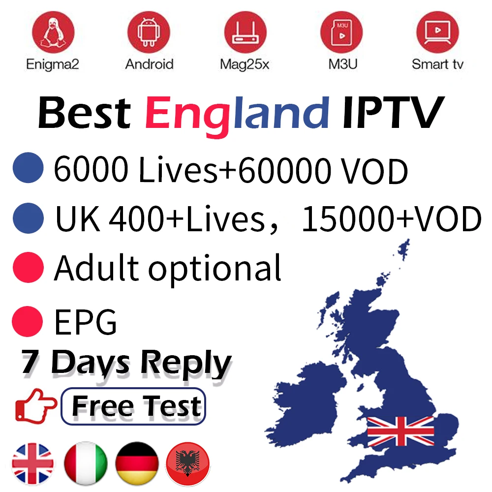 

Subscription IPTV for England IPTV Britain British UK United Kingdom Europe Adult IPTV m3u Enigma2 Smart TV Android VLC Mag