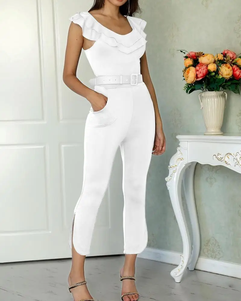 layered ruffle split leg slinky jumpsuit