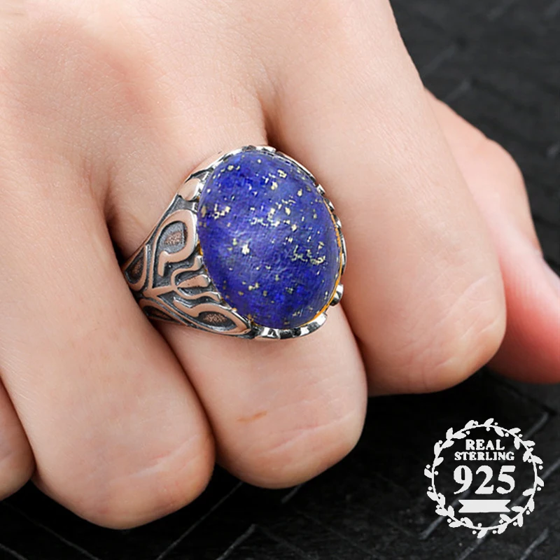 

14*18mm NOT FAKE S925 Sterling Silver Asia Lapis Rings Exaggerated Rings Chinatown Afghanistan Retro Gemstone