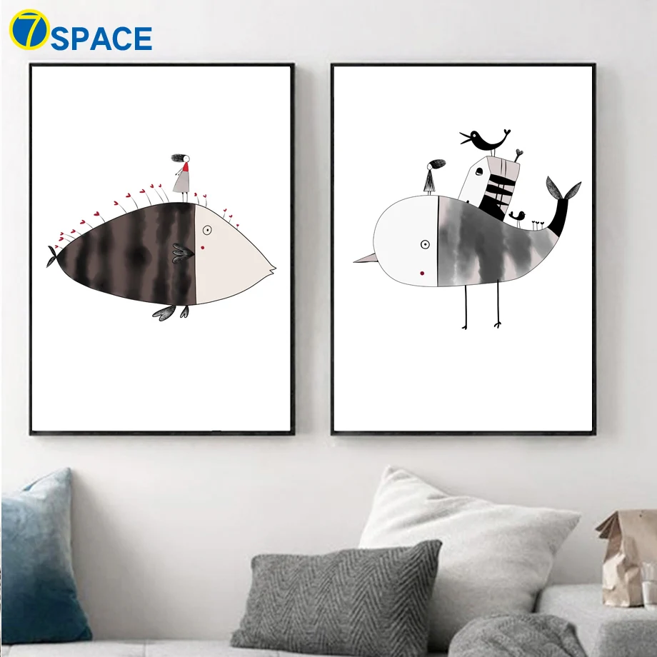 

Abstract Fish Bird Whale House Girl Wall Art Prints Canvas Painting Modern Wall paintings Nordic Poster Paintings On The Wall