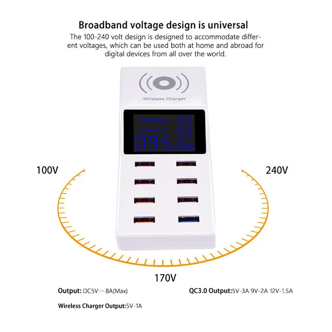 8-Порты и разъёмы ЖК-дисплей USB Мощность адаптер Зарядное устройство станция Беспроводной Зарядное устройство для iPhone iPad и многое другое USB Devies с Мощность шнур