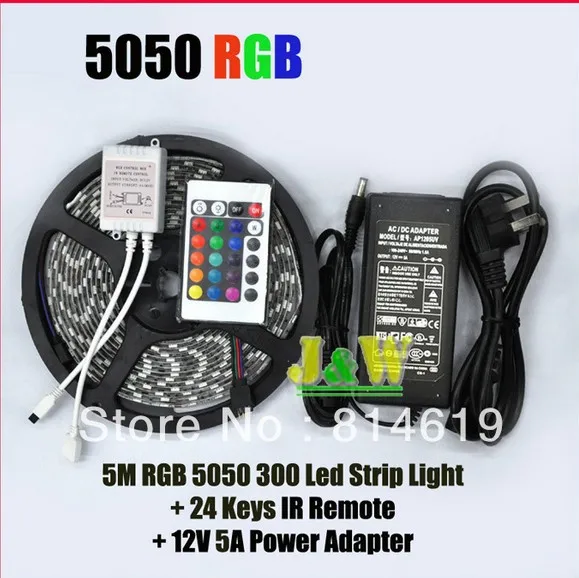 

5050 RGB LED Strip Waterproof Flexible Light 5M 300 SMD 24 Keys IR Remote Controller 12V 5A Power Adapter For Ceiling decorate