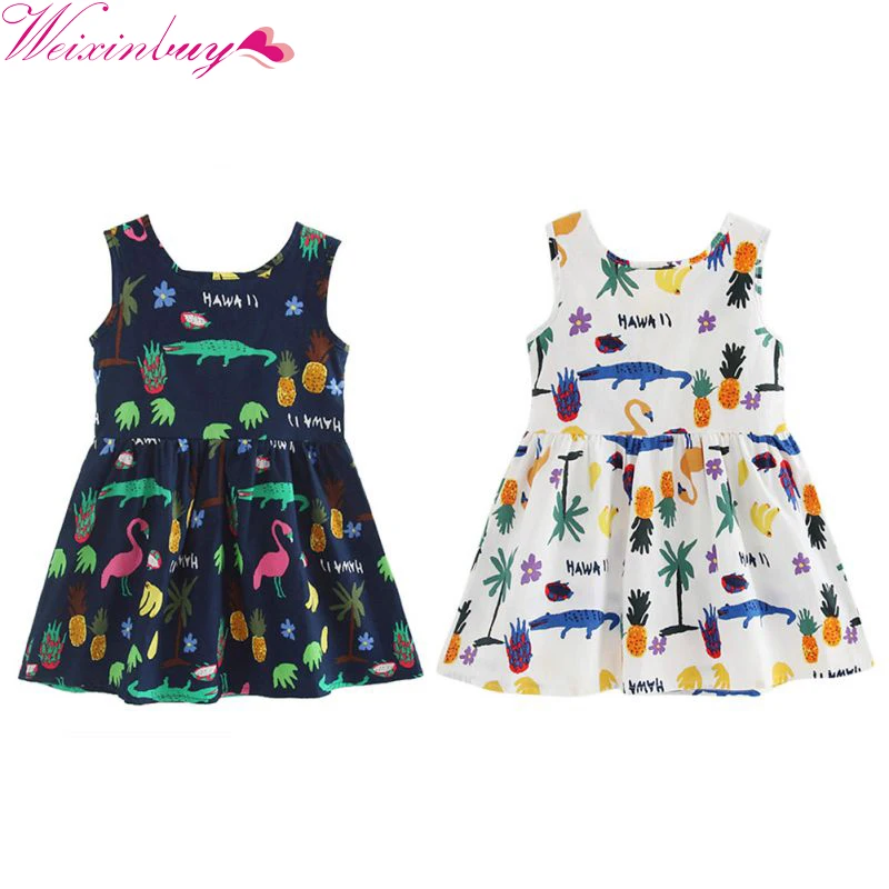 

Summer Baby Girls Dress Sleeveless Animal Fruit Pattern Bow Back Cotton Blends Dresses Vestido infantil
