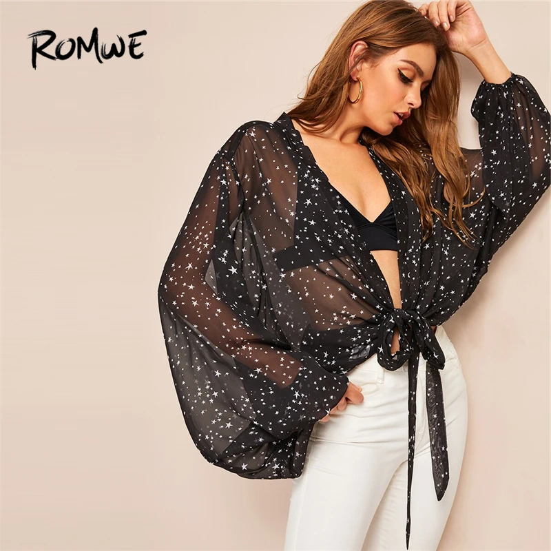 

ROMWE Black Allover Star Lantern Sleeve Knot Sheer Kimono Without Bra Women 2019 Summer Beach Bohemian Tops And Blouses