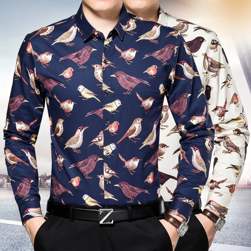 Рисунок с птицами с животным узором модная повседневная мужская рубашка с длинными рукавами Новое поступление мерсеризованная хлопковая качественная рубашка из бутика m-xxxl