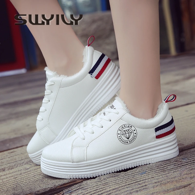 SWYIVY Winter Sneakers Velvet Warm 2018 Autumn Winter Female Casual Shoew White Flats Platform Low Cut Lady Sneakers Low Cut