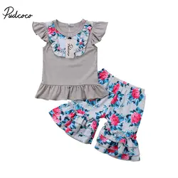 Одежда с цветочным принтом для маленьких девочек шорты с расклешенными рукавами и кисточками для маленьких девочек Sunsuit Одежда для девочек