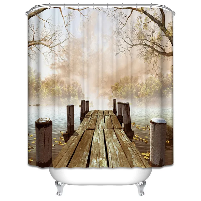Wasserdicht Polyester Gelb Dusche Vorhang Herbst Holz Brücke See ... Wasserdicht Polyester Gelb Dusche Vorhang Herbst Holz Brücke See ...