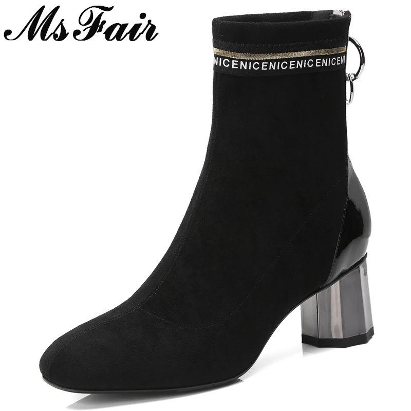 

MSFAIR Women Pointed Toe High Heel Ankle Boots Fashion Concise Metal Zipper Square heel Ankle Boots Women Shoes Boots Women