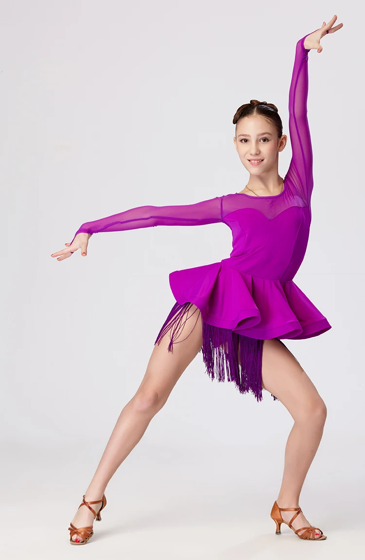 Фиолетовый кисточкой дети Костюмы для латиноамериканских танцев Танцы платье для девочек современный Танцы костюмы для Детское платье