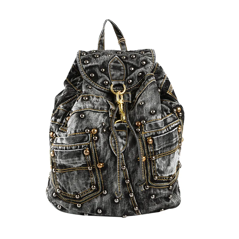 Drawstring women backpack high quality jeans cloth leisure backpack fashion rivet large capacity travel backpacks