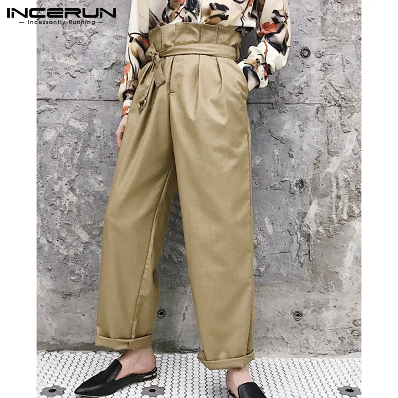 INCERUN 2019 Высокая талия мужские брюки винтажные с поясом Твердые джоггеры Свободные повседневные брюки мужские широкие прямые брюки уличная