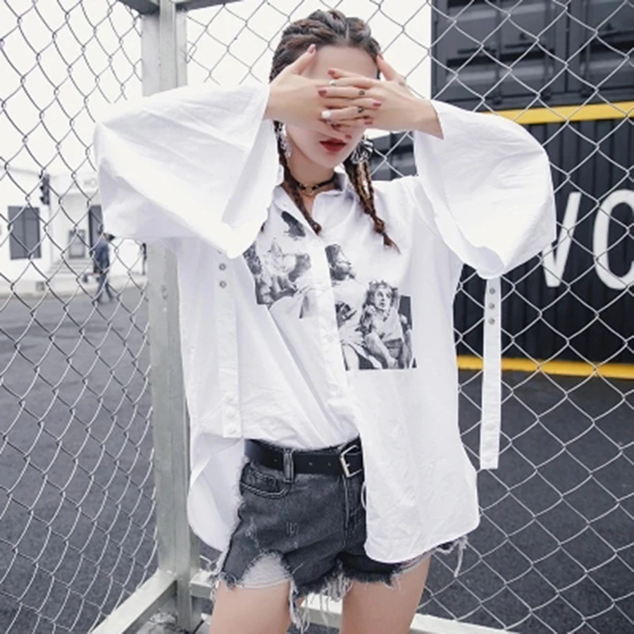 Повседневная Свободная Женская рубашка с длинным рукавом, белая блузка Harajuku с динамиком, уличная одежда в стиле хип-хоп, Женские топы и блузки 50D49